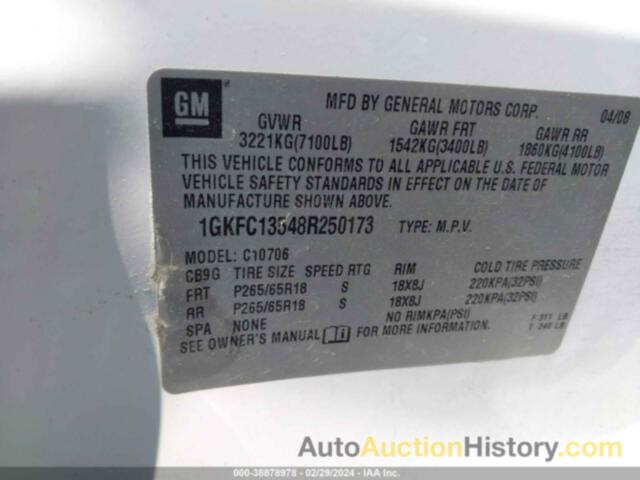 GMC YUKON HYBRID, 1GKFC13548R250173