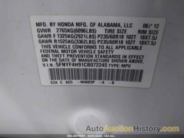 HONDA PILOT TOURING, 5FNYF4H91CB072245