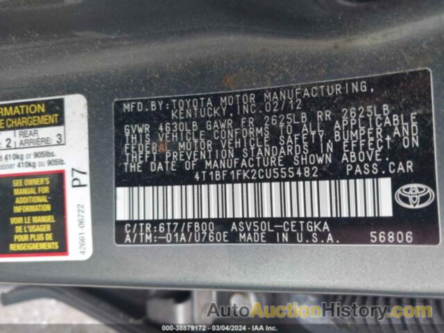 TOYOTA CAMRY SE/LE/XLE, 4T1BF1FK2CU555482