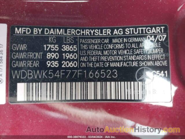 MERCEDES-BENZ SLK 280, WDBWK54F77F166523