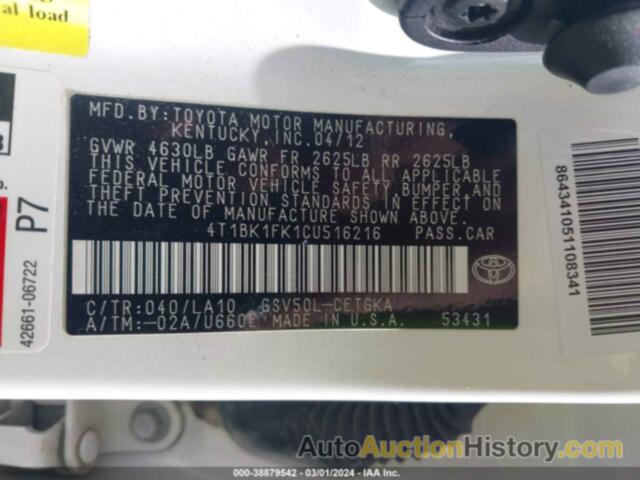 TOYOTA CAMRY XLE V6, 4T1BK1FK1CU516216