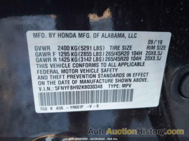 HONDA PASSPORT TOURING, 5FNYF8H92KB030348