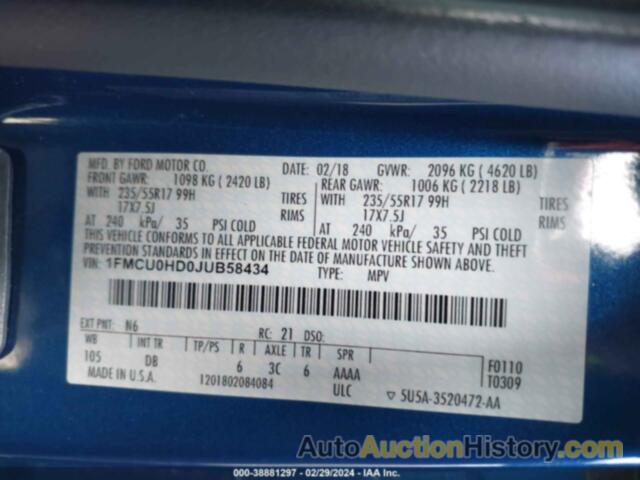 FORD ESCAPE SEL, 1FMCU0HD0JUB58434