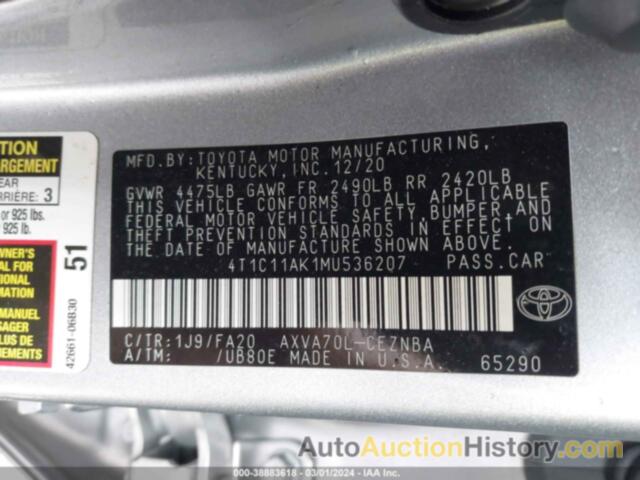 TOYOTA CAMRY LE, 4T1C11AK1MU536207