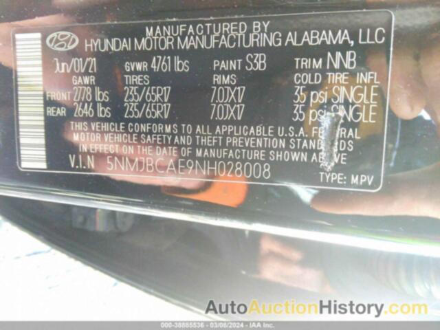 HYUNDAI TUCSON SEL, 5NMJBCAE9NH028008