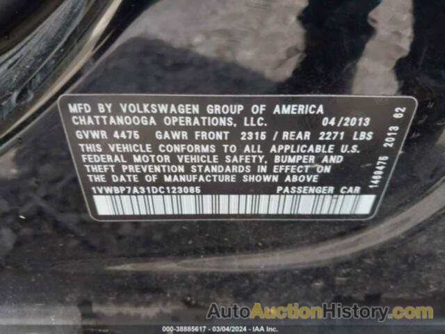 VOLKSWAGEN PASSAT 2.5L SE, 1VWBP7A31DC123085