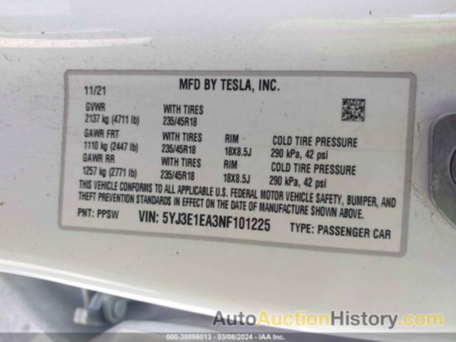 TESLA MODEL 3 REAR-WHEEL DRIVE, 5YJ3E1EA3NF101225