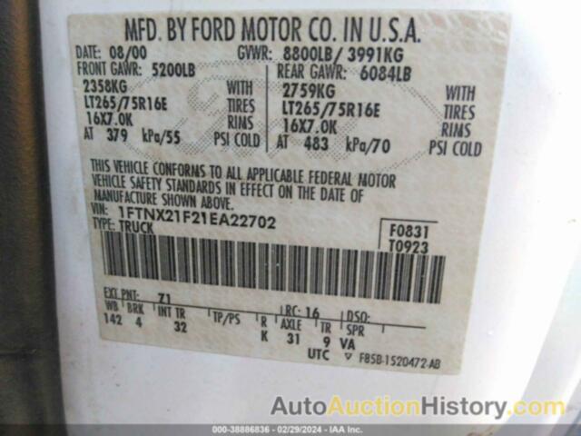 FORD F-250 LARIAT/XL/XLT, 1FTNX21F21EA22702