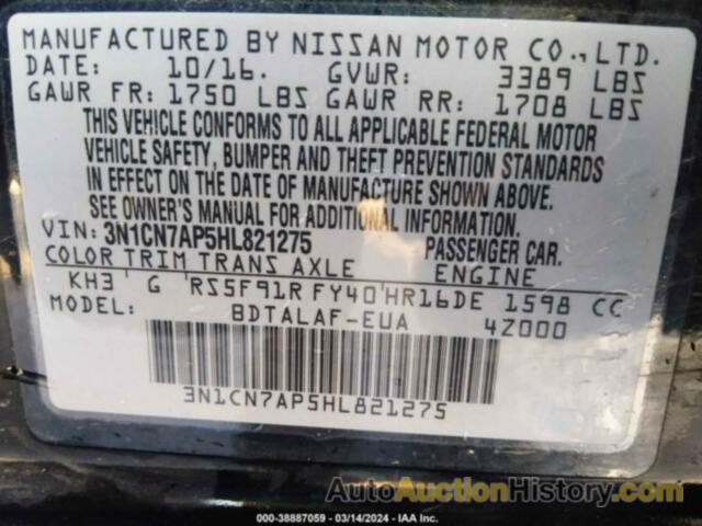 NISSAN VERSA 1.6 S, 3N1CN7AP5HL821275