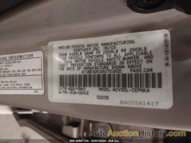 TOYOTA CAMRY LE, 4T1BE32K33U751600