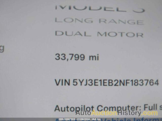 TESLA MODEL 3 LONG RANGE DUAL MOTOR ALL-WHEEL DRIVE, 5YJ3E1EB2NF183764