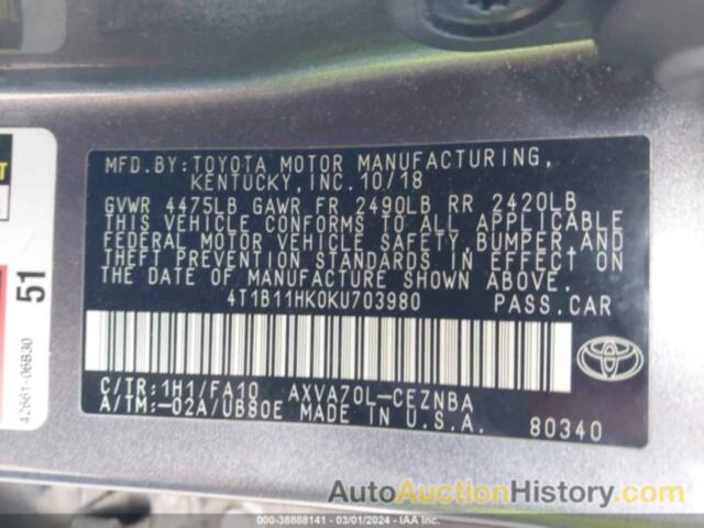 TOYOTA CAMRY L/LE/XLE/SE/XSE, 4T1B11HK0KU703980