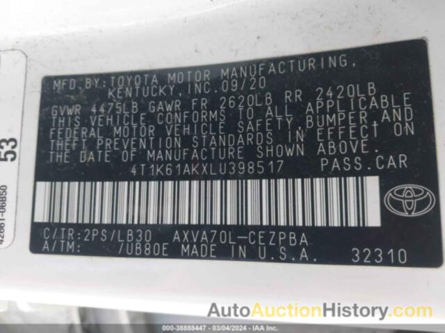 TOYOTA CAMRY XSE, 4T1K61AKXLU398517