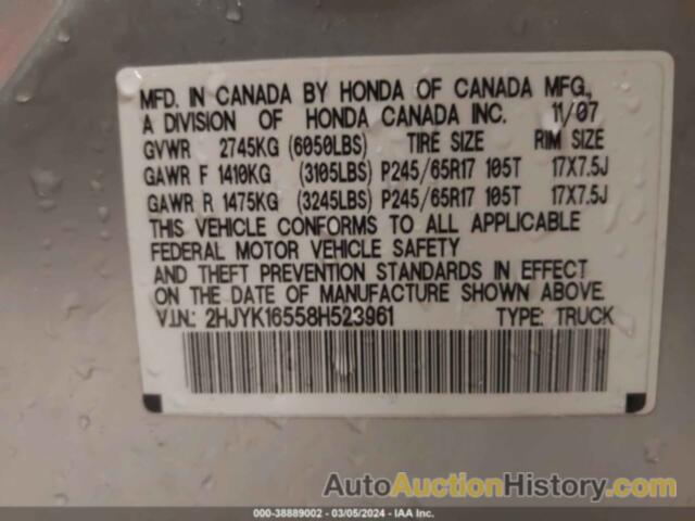 HONDA RIDGELINE RTL, 2HJYK16558H523961