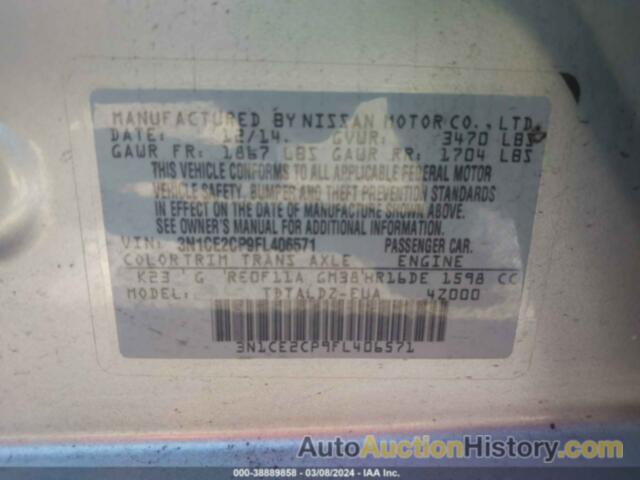 NISSAN VERSA NOTE S (SR)/S PLUS/SL/SR/SV, 3N1CE2CP9FL406571