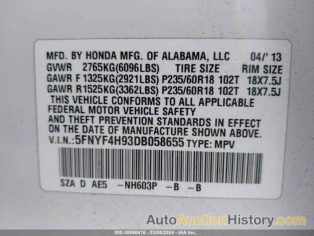 HONDA PILOT TOURING, 5FNYF4H93DB058655