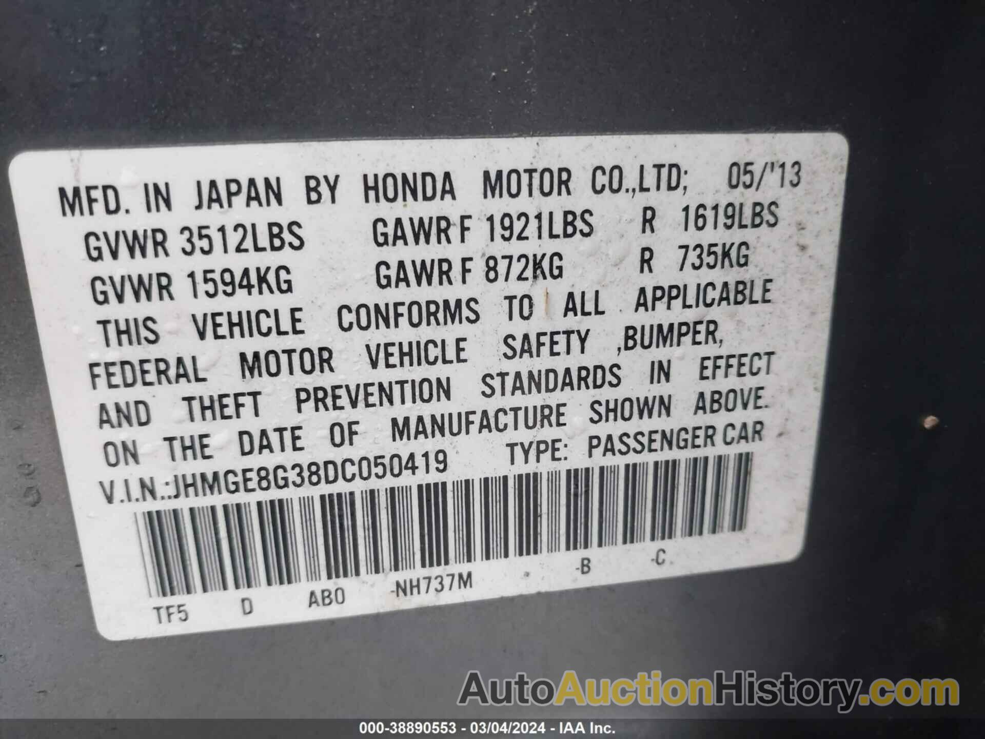 HONDA FIT, JHMGE8G38DC050419