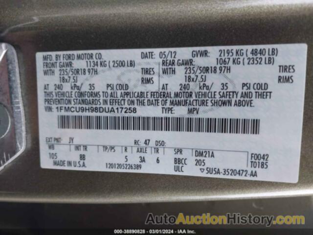 FORD ESCAPE SEL, 1FMCU9H98DUA17258