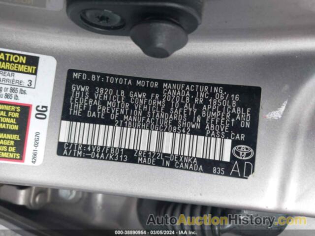 TOYOTA COROLLA LE, 2T1BURHE0GC708542