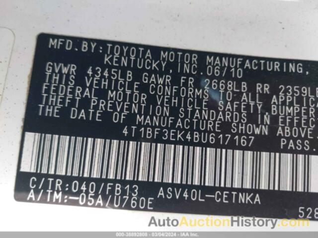 TOYOTA CAMRY LE, 4T1BF3EK4BU617167