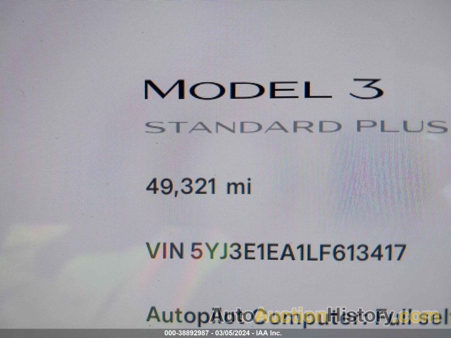 TESLA MODEL 3 STANDARD RANGE PLUS REAR-WHEEL DRIVE/STANDARD RANGE REAR-WHEEL DRIVE, 5YJ3E1EA1LF613417