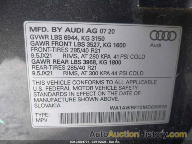 AUDI SQ7 PREMIUM PLUS TFSI QUATTRO TIPTRONIC, WA1AWBF72MD000528