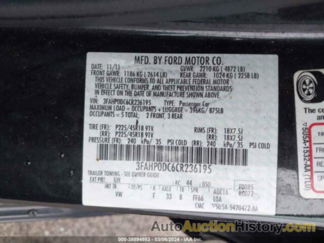 FORD FUSION SPORT, 3FAHP0DC6CR236195