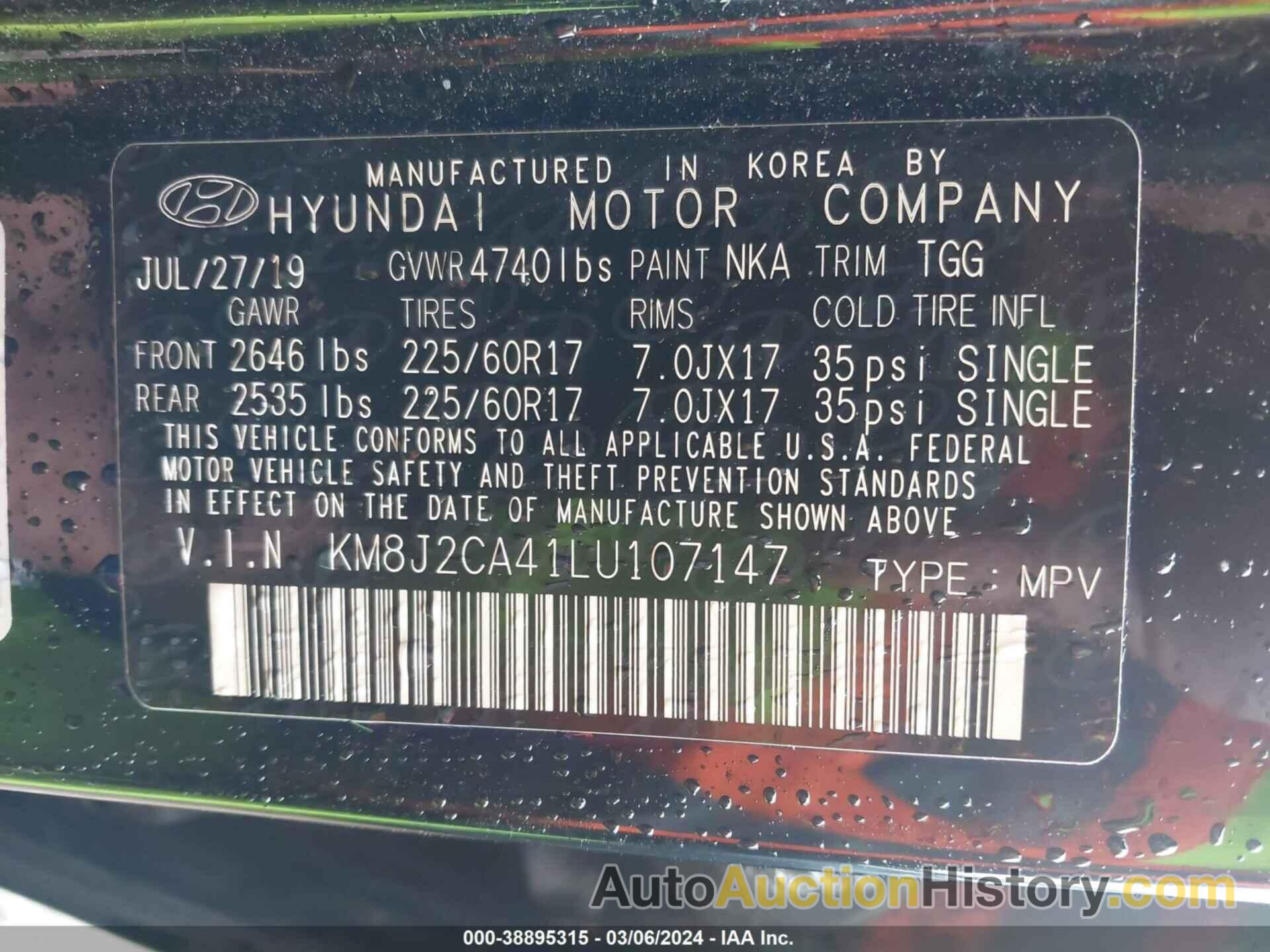 HYUNDAI TUCSON SE, KM8J2CA41LU107147