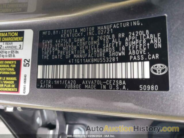 TOYOTA CAMRY SE/SE NIGHT SHADE, 4T1G11AK8MU553281