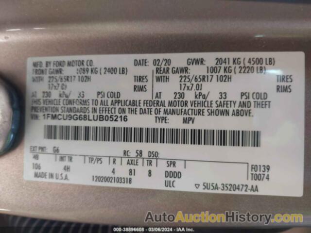 FORD ESCAPE SE, 1FMCU9G68LUB05216