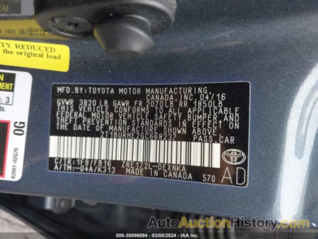 TOYOTA COROLLA LE, 2T1BURHE2GC668237