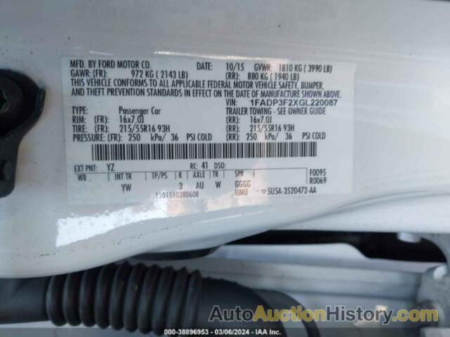 FORD FOCUS SE, 1FADP3F2XGL220087