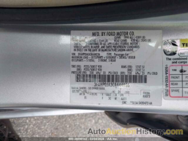 FORD FUSION SEL, 3FAHP0JA3CR444036