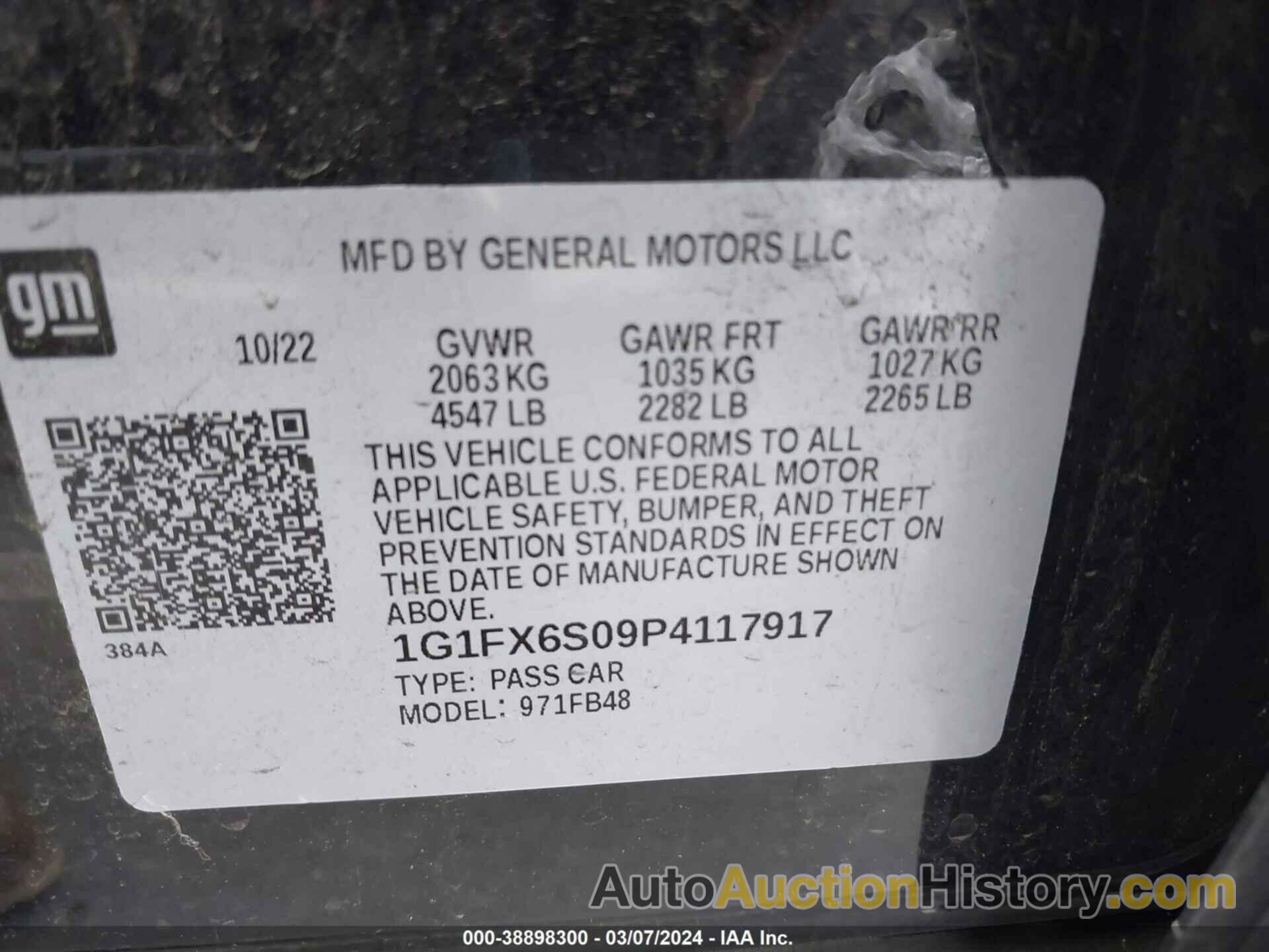 CHEVROLET BOLT EV FWD 2LT, 1G1FX6S09P4117917