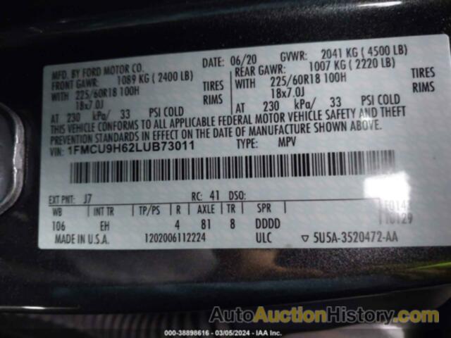 FORD ESCAPE SEL, 1FMCU9H62LUB73011