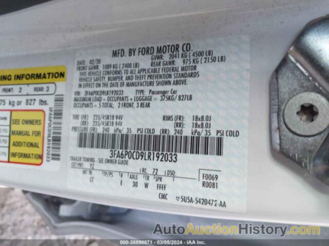 FORD FUSION SEL, 3FA6P0CD9LR192033