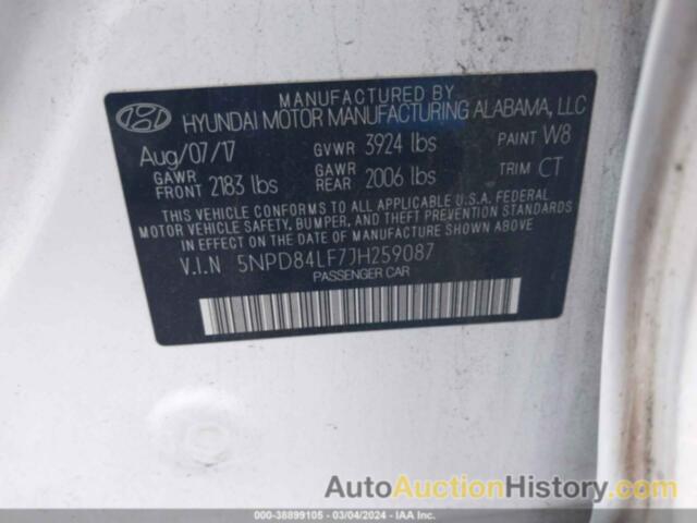 HYUNDAI ELANTRA SEL, 5NPD84LF7JH259087