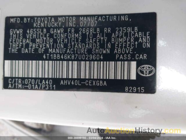 TOYOTA CAMRY HYBRID, 4T1BB46K87U029604