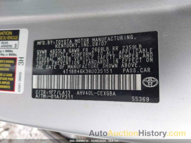 TOYOTA CAMRY HYBRID, 4T1BB46K38U035151