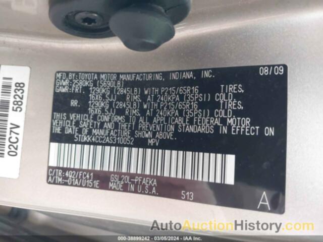 TOYOTA SIENNA LE, 5TDKK4CC2AS310052