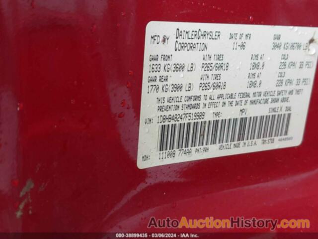 DODGE DURANGO SLT, 1D8HB48247F519989