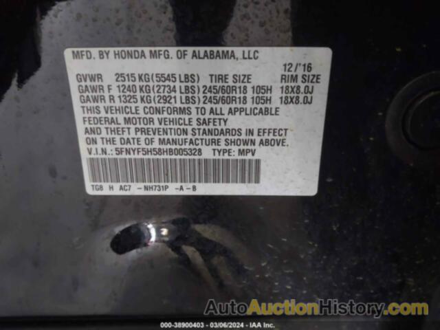 HONDA PILOT EX-L, 5FNYF5H58HB005328