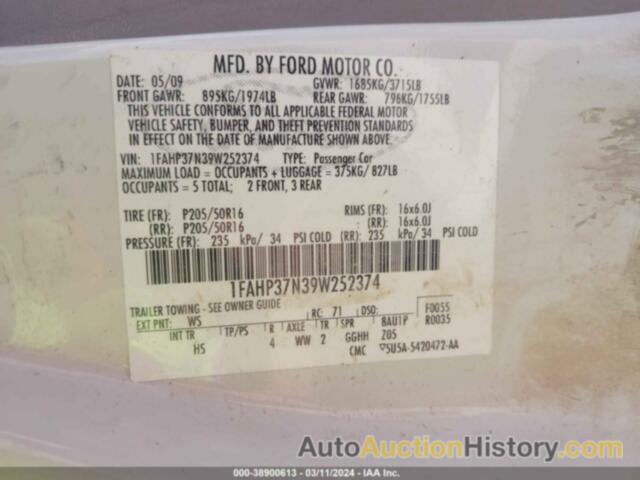 FORD FOCUS SEL, 1FAHP37N39W252374