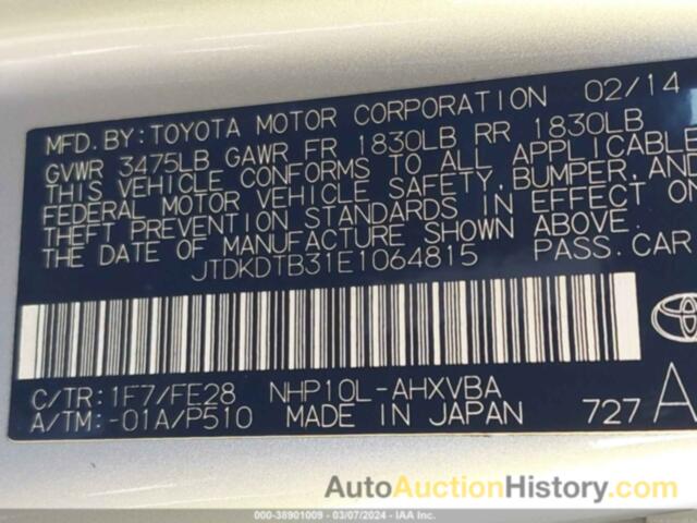 TOYOTA PRIUS C ONE, JTDKDTB31E1064815