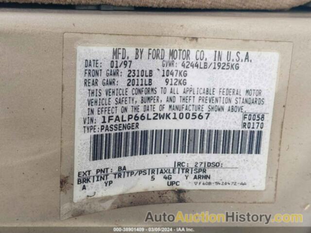 FORD CONTOUR, 1FALP66L2WK100567