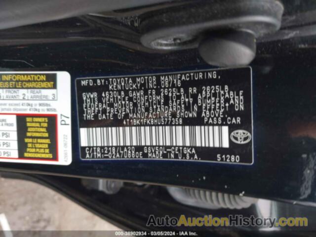 TOYOTA CAMRY XLE V6, 4T1BK1FK8HU577358