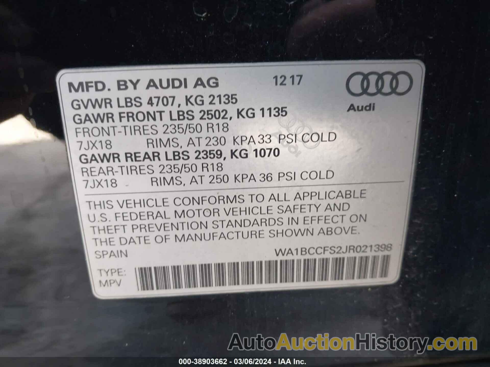 AUDI Q3 2.0T PREMIUM/2.0T SPORT PREMIUM, WA1BCCFS2JR021398