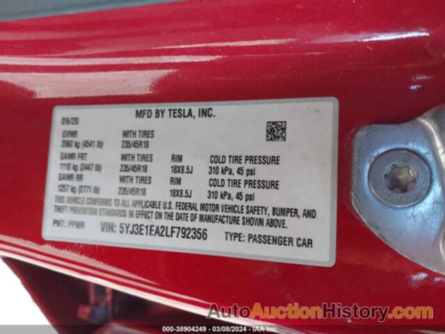 TESLA MODEL 3 STANDARD RANGE PLUS REAR-WHEEL DRIVE/STANDARD RANGE REAR-WHEEL DRIVE, 5YJ3E1EA2LF792356