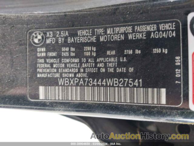 BMW X3 2.5I, WBXPA73444WB27541