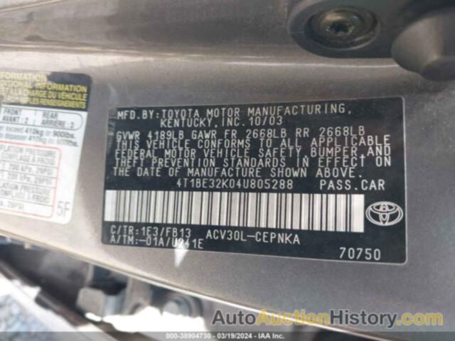 TOYOTA CAMRY LE/SE/STD/XLE, 4T1BE32K04UH05288